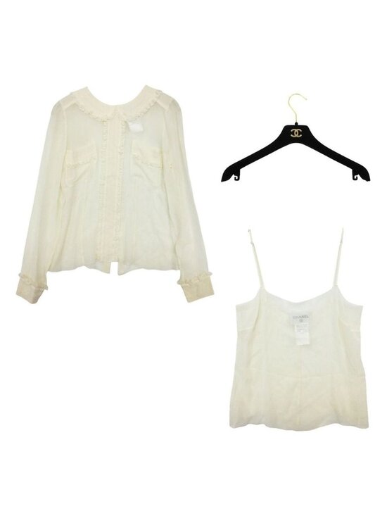Chanel Tops - Chanel Blouse Ensemble Silk 100% Sheer Long Sleeve Shirt Camisole Top Ivory